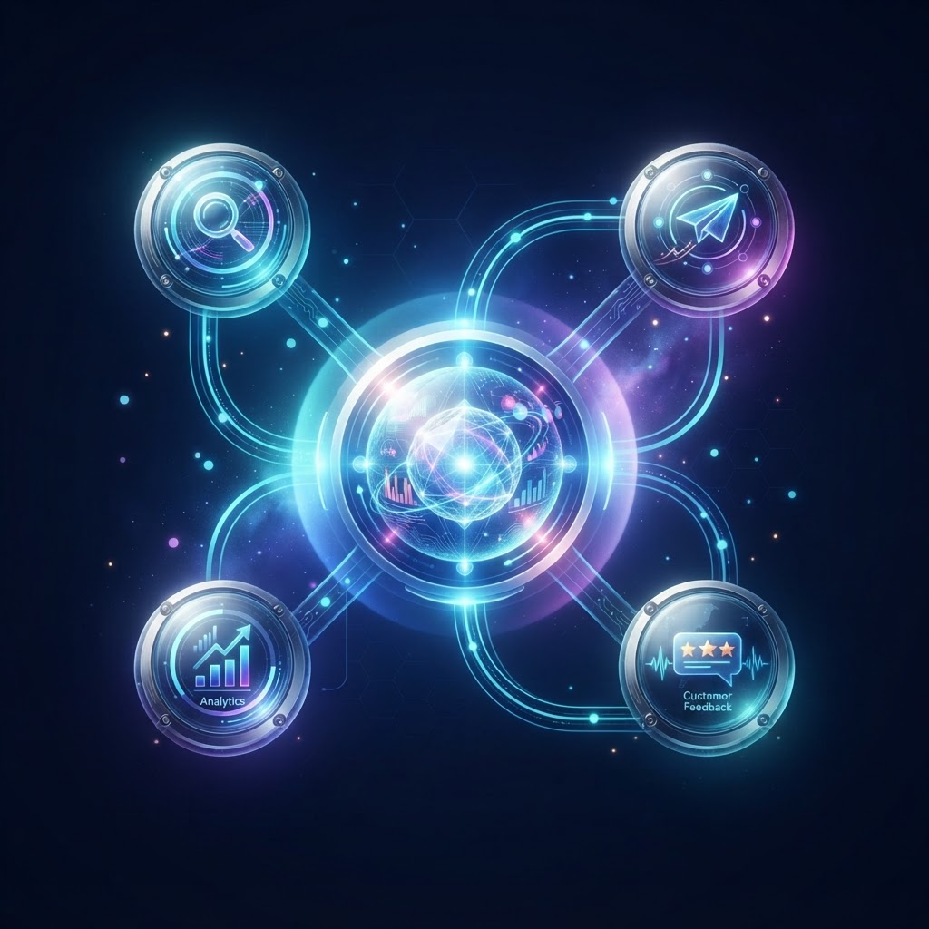 Illustration of four Sequor AI agents — lead research, outreach, analytics, and customer feedback — connected as one intelligent sales system